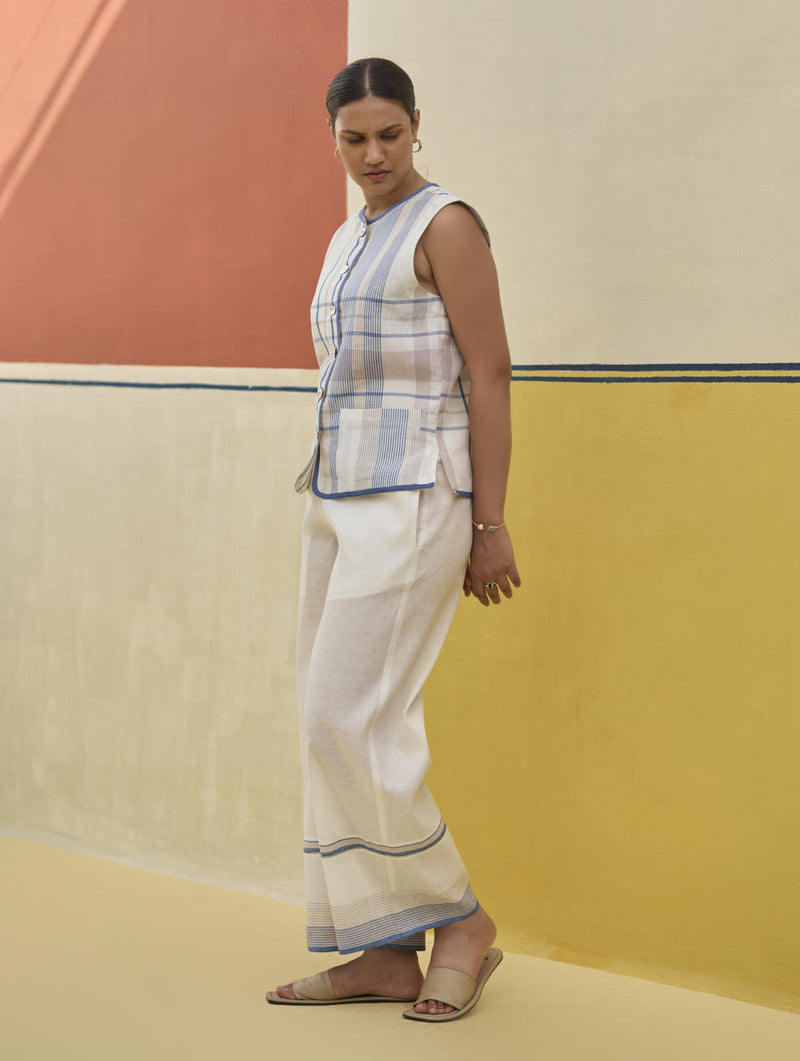 Dana Check Linen Waistcoat - Ivory linen by Manan in ivory color for women in Singapore