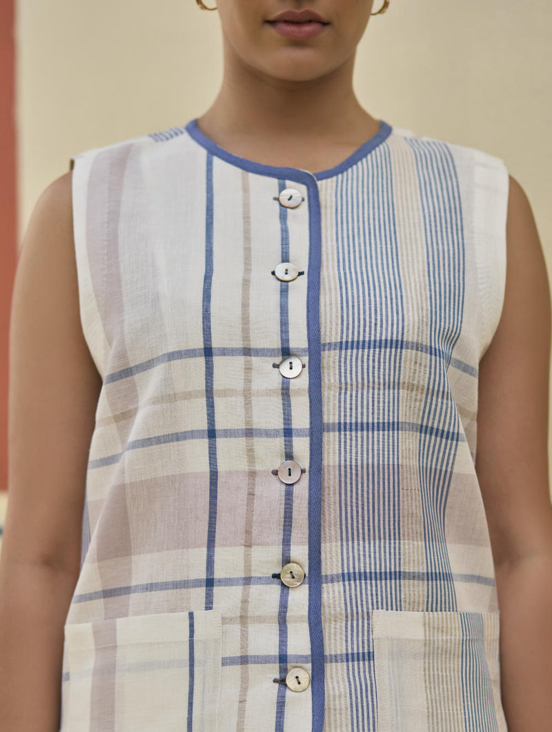 Dana Check Linen Waistcoat - Ivory linen by Manan in ivory color for women in Singapore