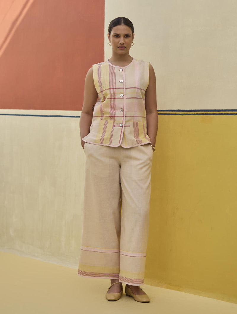 Dana Check Linen Waistcoat - Sand linen by Manan in natural color for women in Singapore