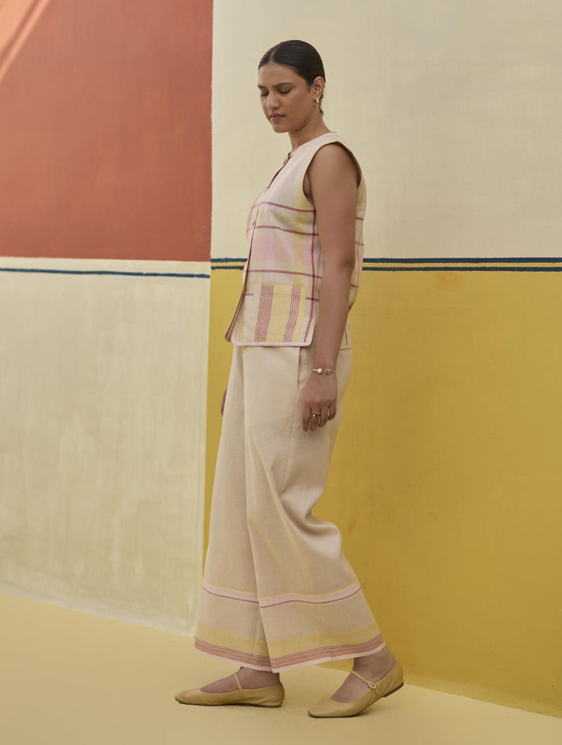 Dana Check Linen Waistcoat - Sand linen by Manan in natural color for women in Singapore