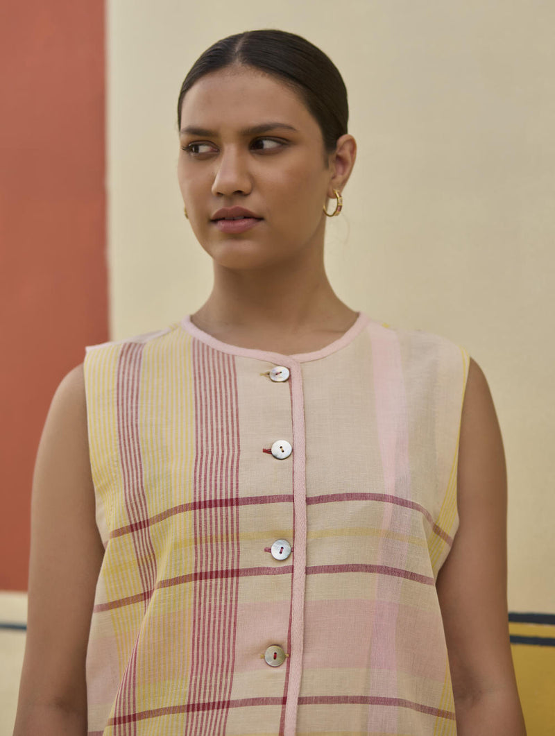 Dana Check Linen Waistcoat - Sand linen by Manan in natural color for women in Singapore
