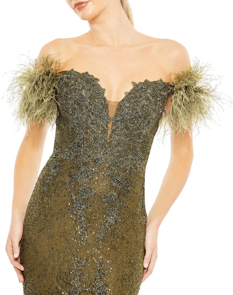MD-20246 Off Shoulder Mermaid Gown-Green by Mac Duggal in green color for women in Singapore