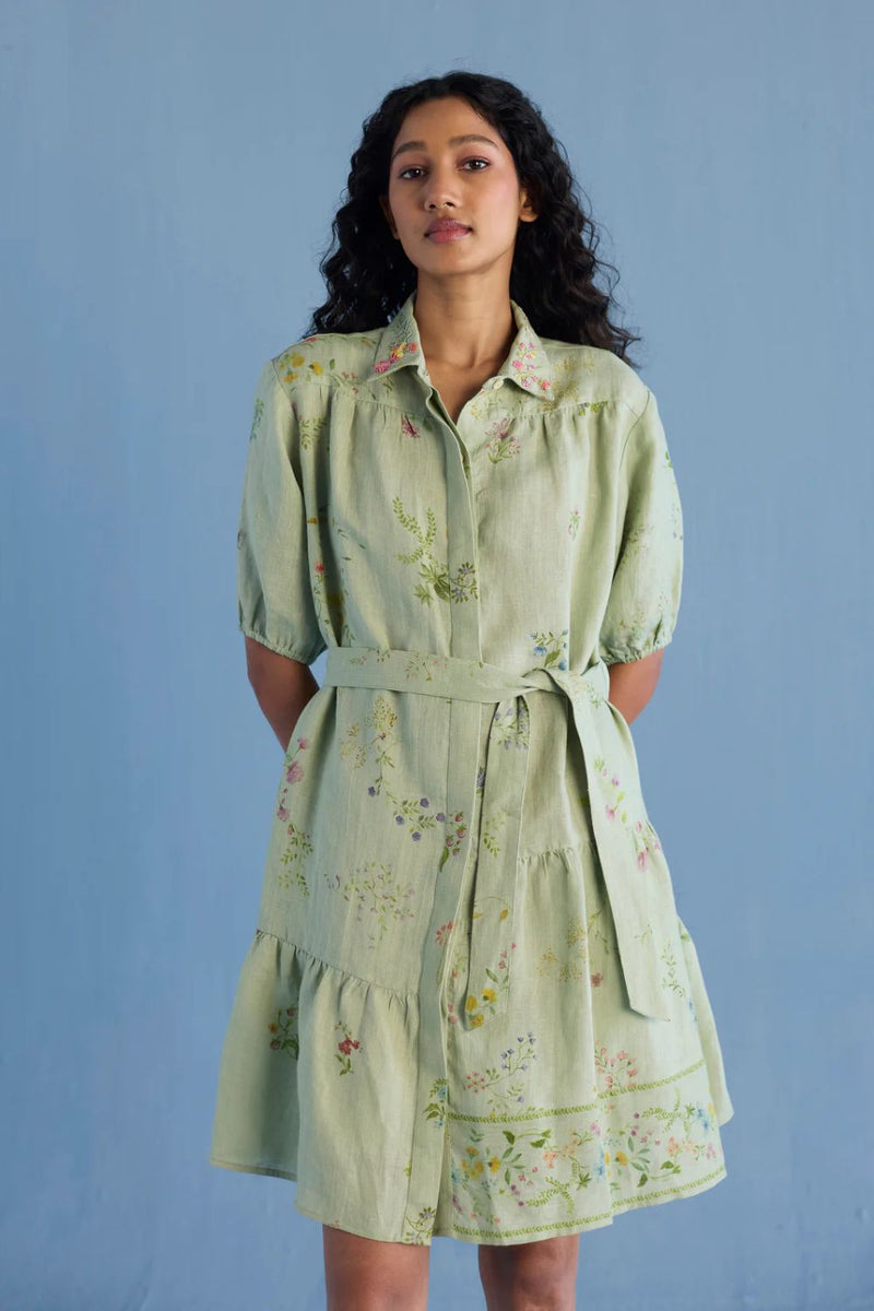 Sia Hand-Embroidered Floral Dress - Mint linen by Manan in mint color for women in Singapore