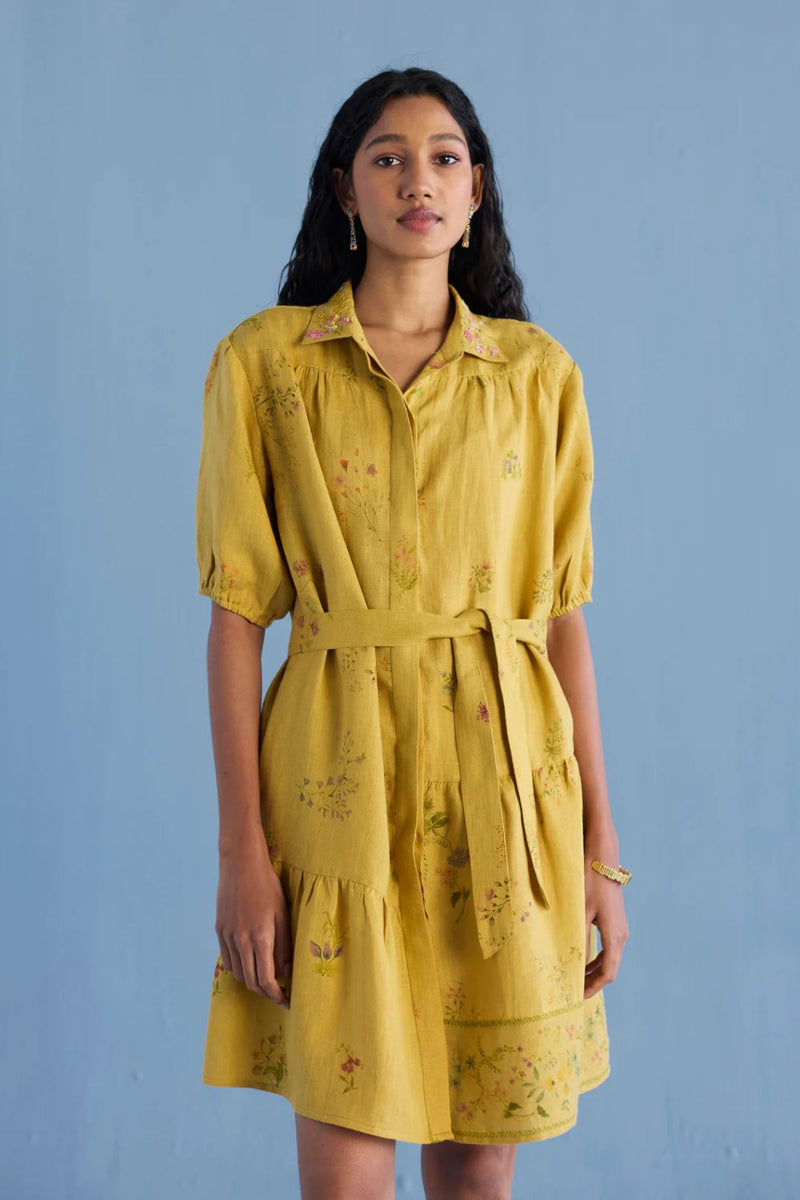 Sia Hand-Embroidered Floral Dress - Ochre linen by Manan for women in Singapore