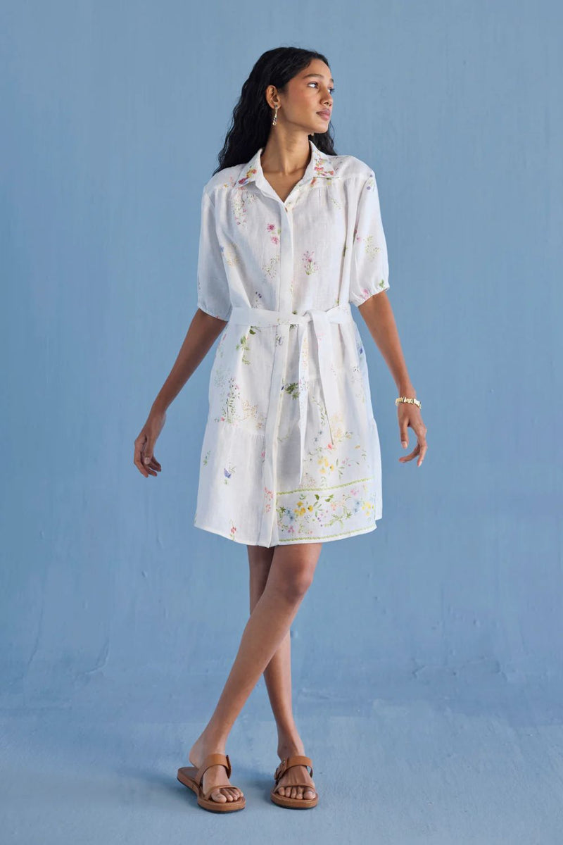 Sia Hand-Embroidered Floral Dress - White linen by Manan in white color for women in Singapore