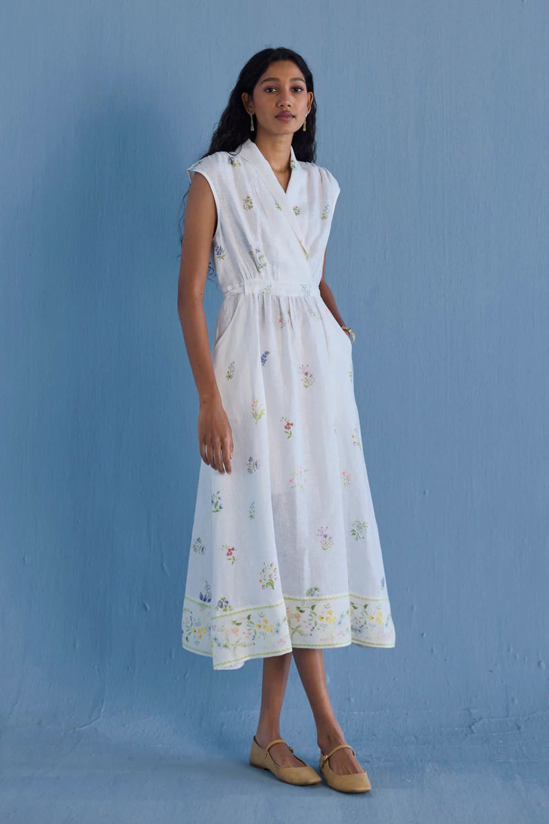 Mema Shawl Collar Printed Linen Dress - White linen by Manan in white color for women in Singapore