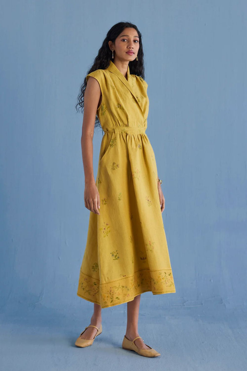 Mema Shawl Collar Printed Linen Dress - Ochre linen by Manan for women in Singapore