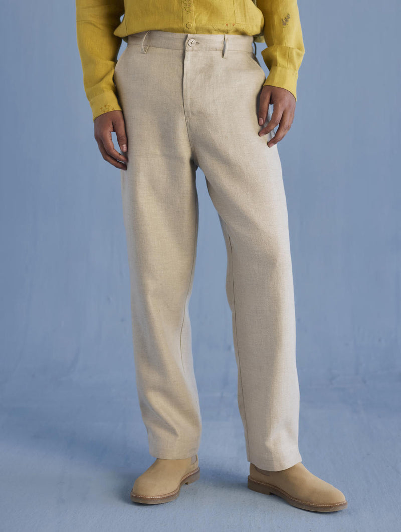 Neo Timeless Linen Pants - Earth linen by Manan Men in ivory color for men in Singapore