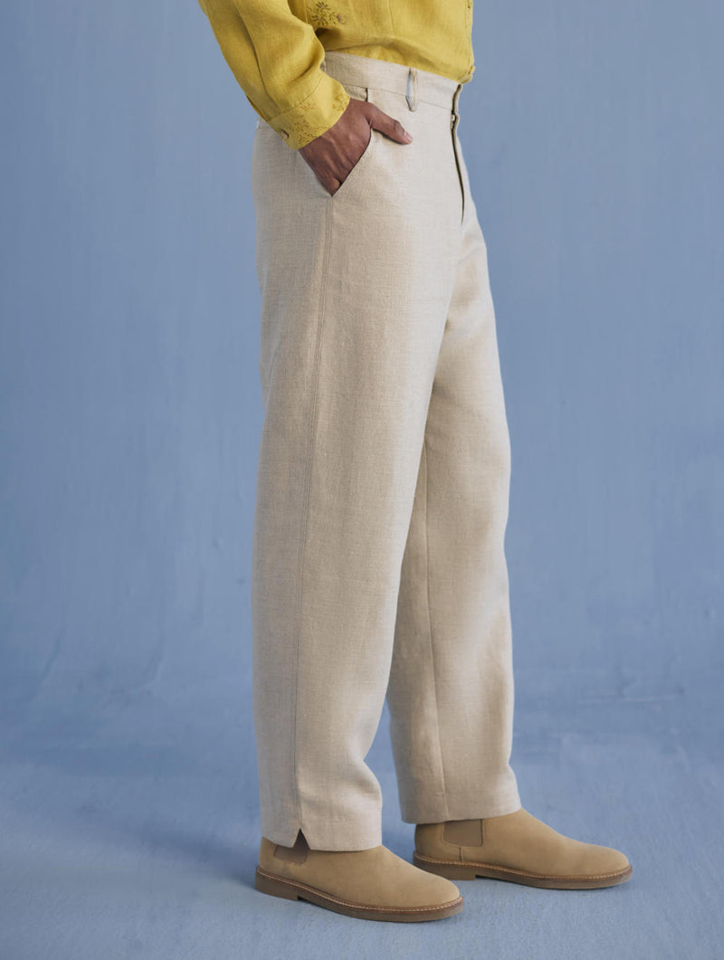 Neo Timeless Linen Pants - Earth linen by Manan Men in ivory color for men in Singapore