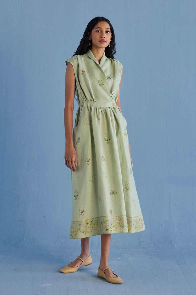 Mema Shawl Collar Printed Linen Dress - Mint linen by Manan in mint color for women in Singapore