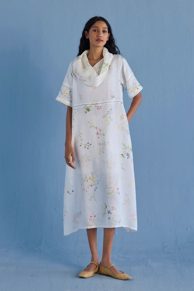 Imara Cowl Neck Linen Dress - White linen by Manan in white color for women in Singapore