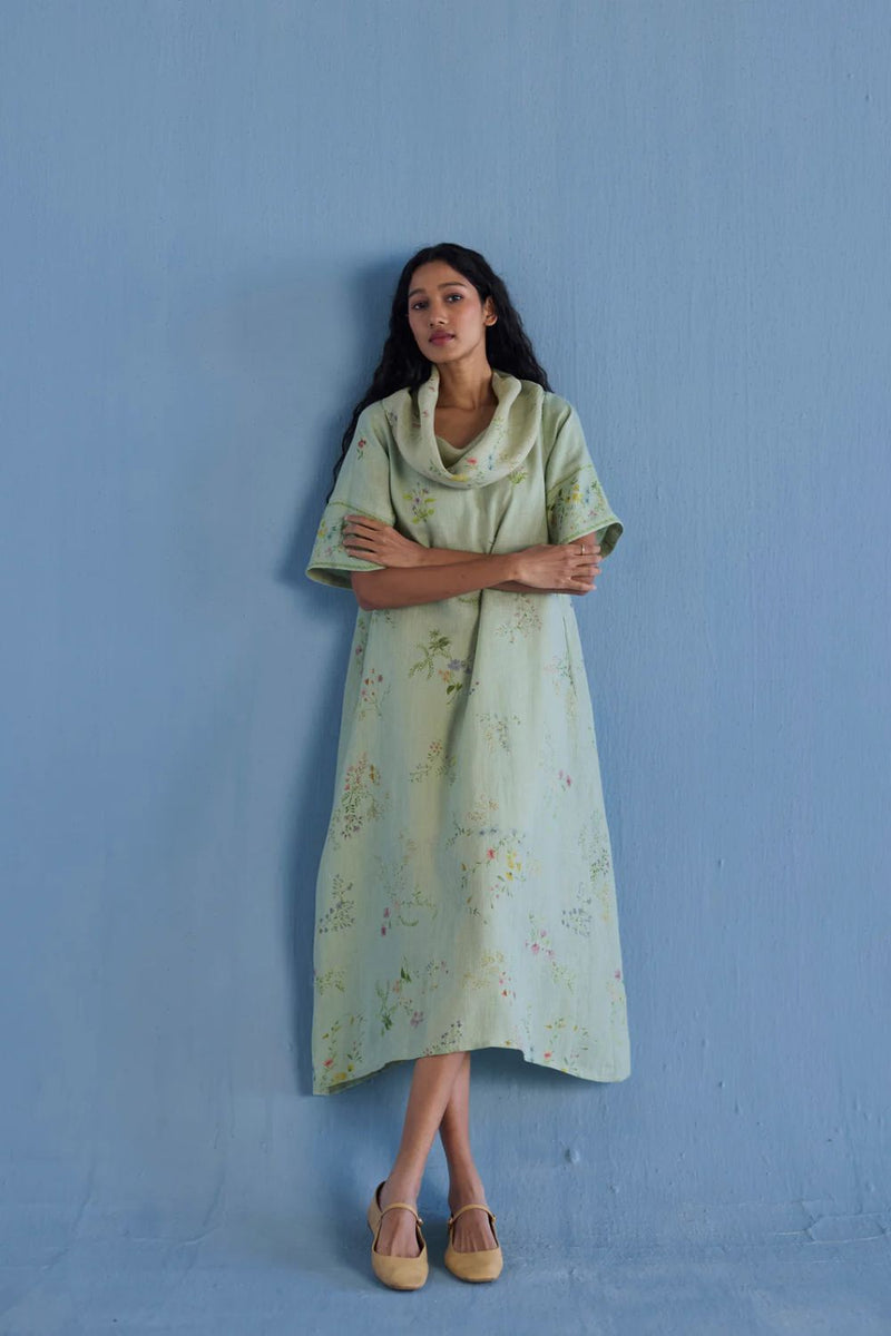 Imara Cowl Neck Linen Dress - Mint linen by Manan in mint color for women in Singapore