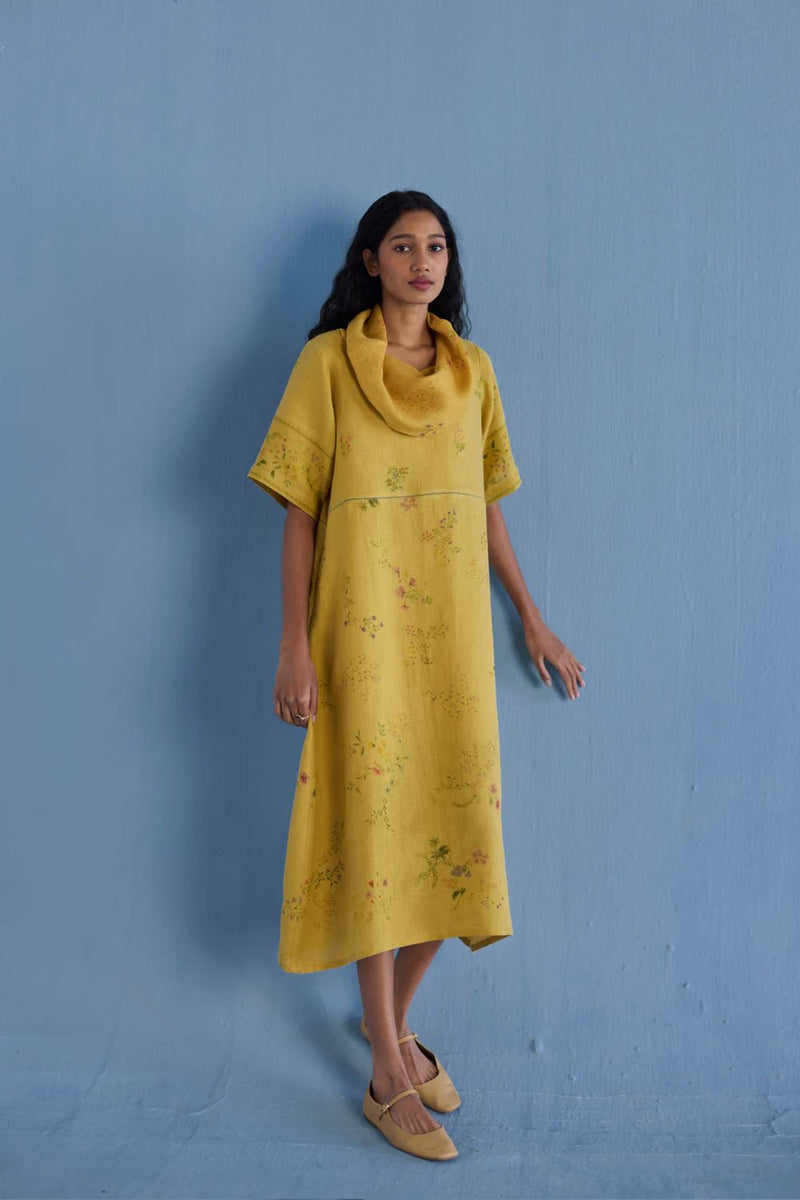 Imara Cowl Neck Linen Dress - Ochre linen by Manan for women in Singapore