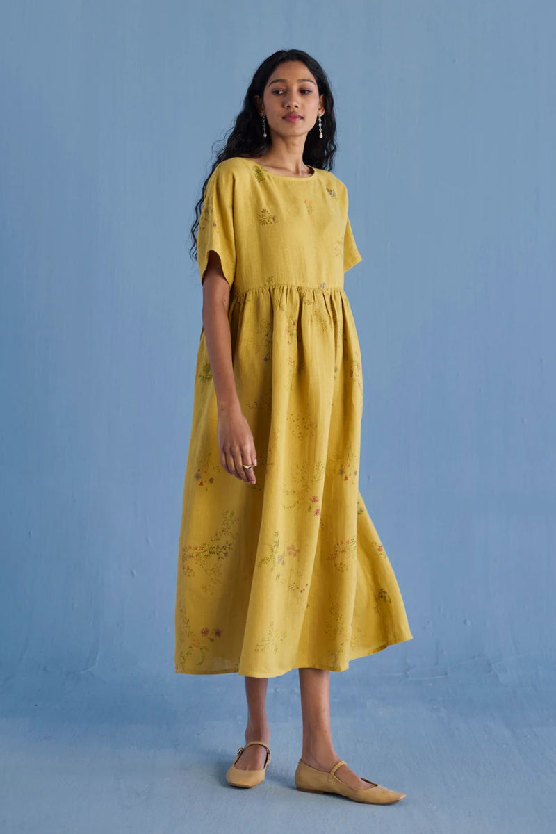 Uniko Pleated Floral Linen Dress - Ochre linen by Manan for women in Singapore