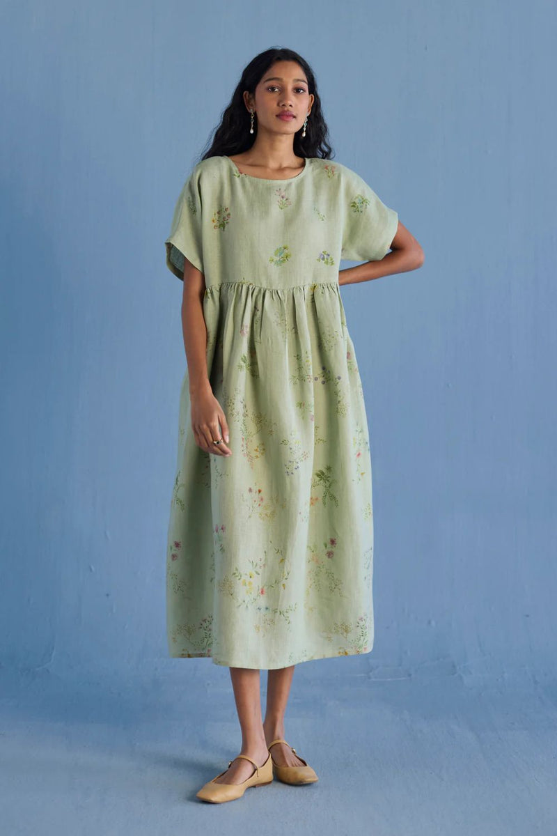 Uniko Pleated Floral Linen Dress - Mint linen by Manan in mint color for women in Singapore
