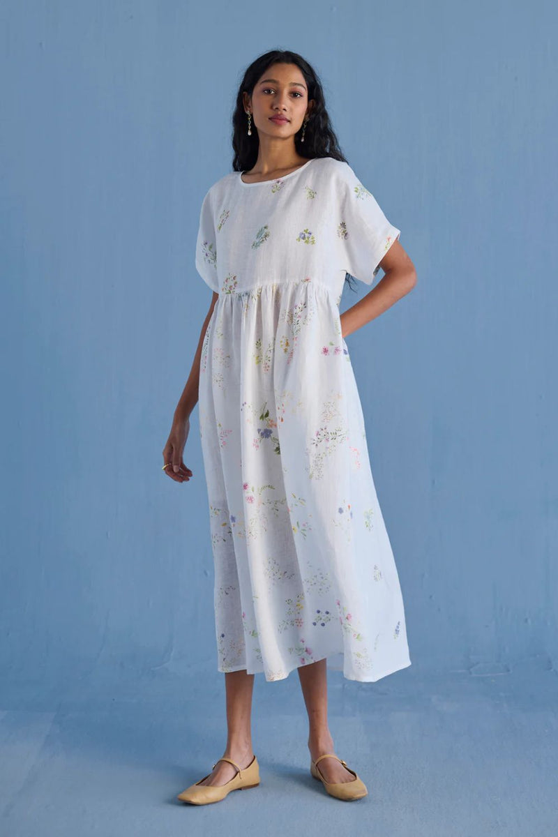 Uniko Pleated Floral Linen Dress - White linen by Manan in white color for women in Singapore