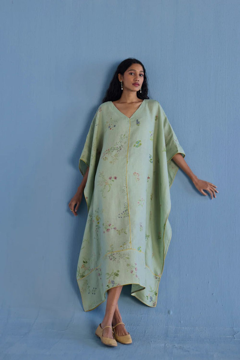 Eva Floral Linen Kaftan Dress - Mint linen by Manan in mint color for women in Singapore