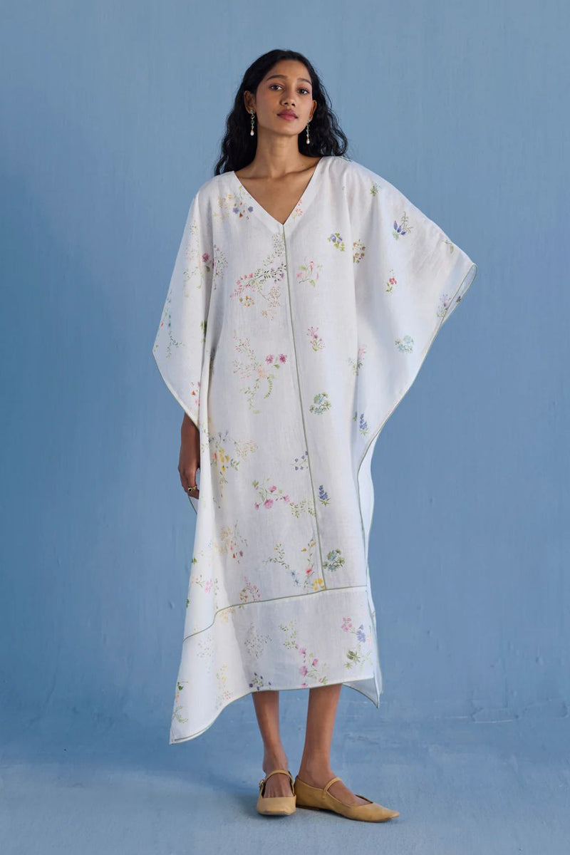 Eva Floral Linen Kaftan Dress - White linen by Manan in white color for women in Singapore