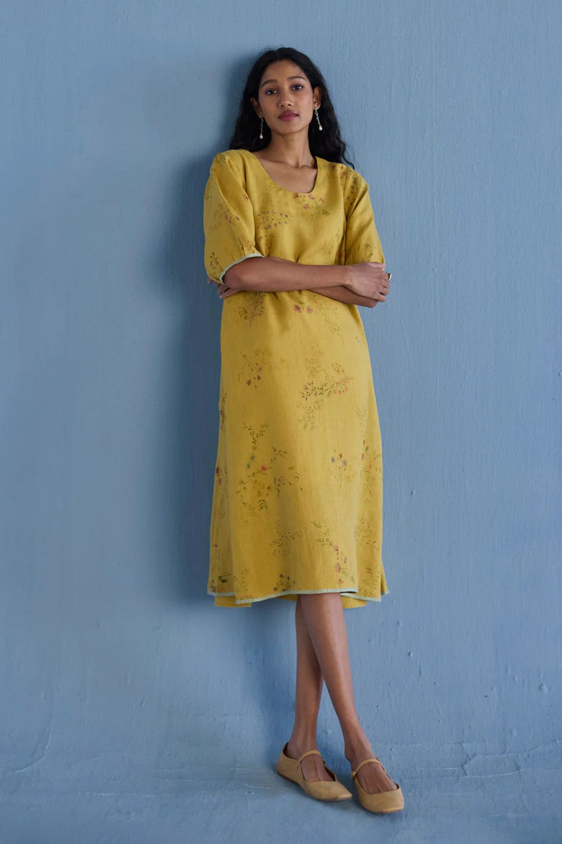 Nami Floral Printed Linen Dress - Ochre linen by Manan for women in Singapore