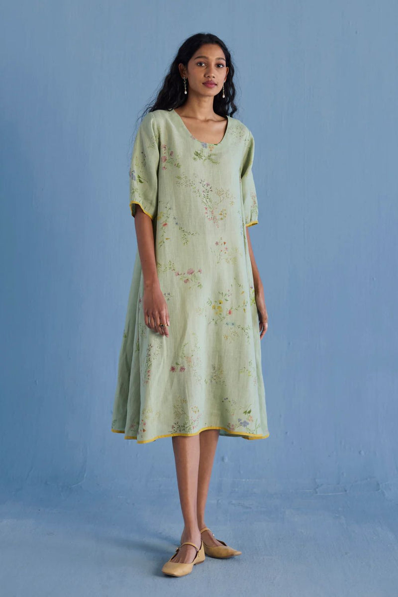 Nami Floral Printed Linen Dress - Mint linen by Manan in mint color for women in Singapore