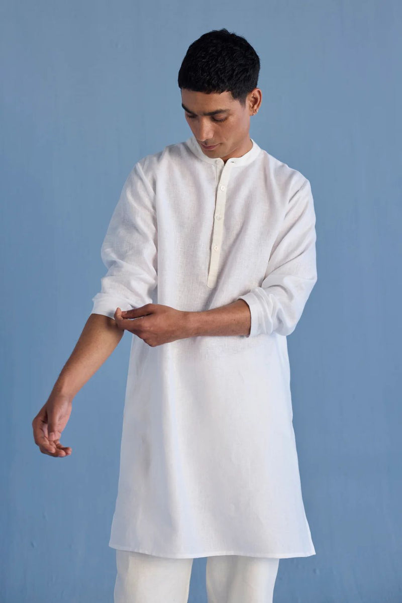 Jay Forever Linen Kurta - White linen by Manan Men in white color for men in Singapore