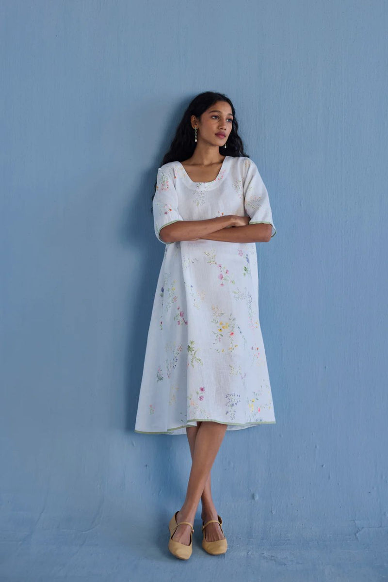Nami Floral Printed Linen Dress - White linen by Manan in white color for women in Singapore