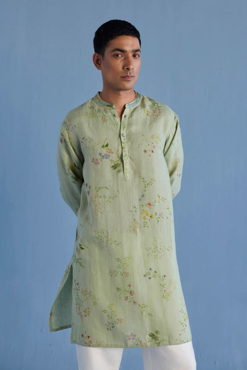 Ahan Floral Printed Kurta with Embroidered Collar - Mint linen by Manan Men in mint color for men in Singapore