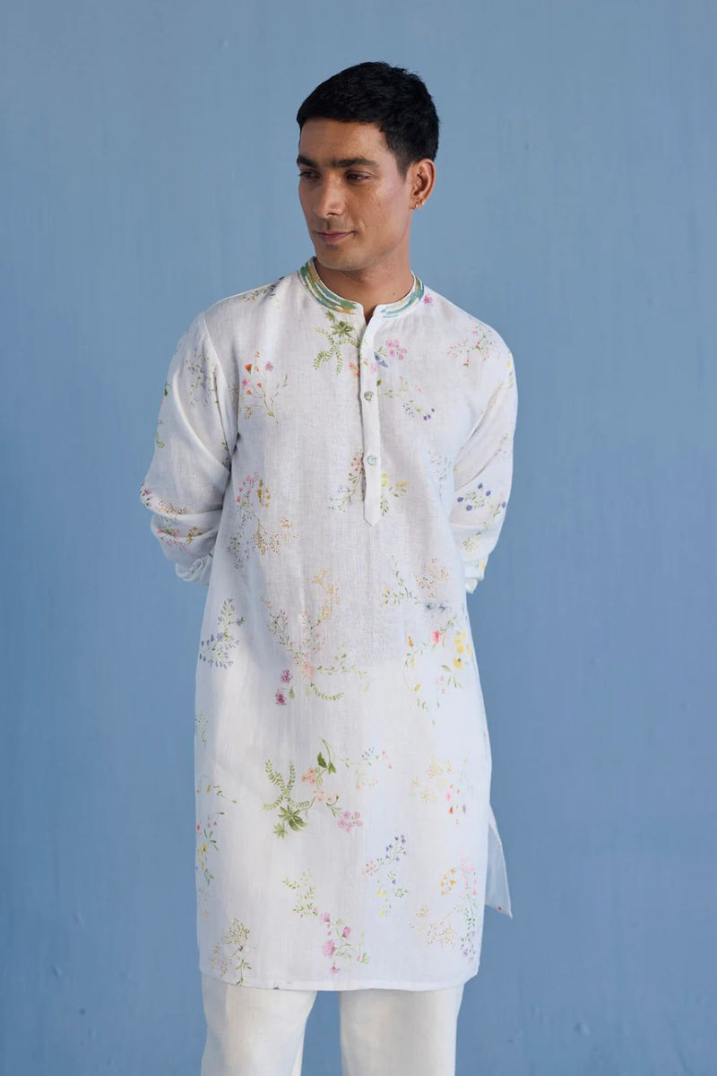 Ahan Floral Printed Kurta with Embroidered Collar - White linen by Manan Men in white color for men in Singapore