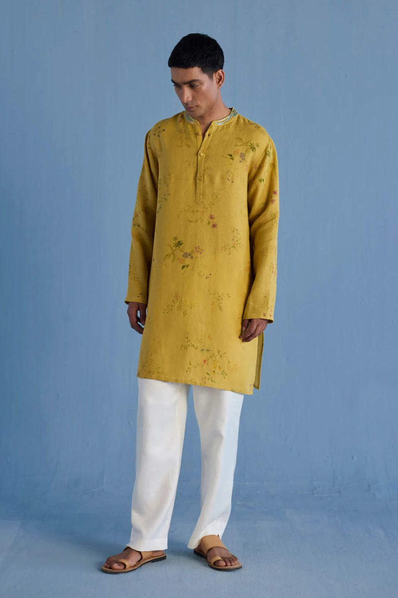 Ahan Floral Printed Kurta with Embroidered Collar - Ochre linen by Manan Men for men in Singapore