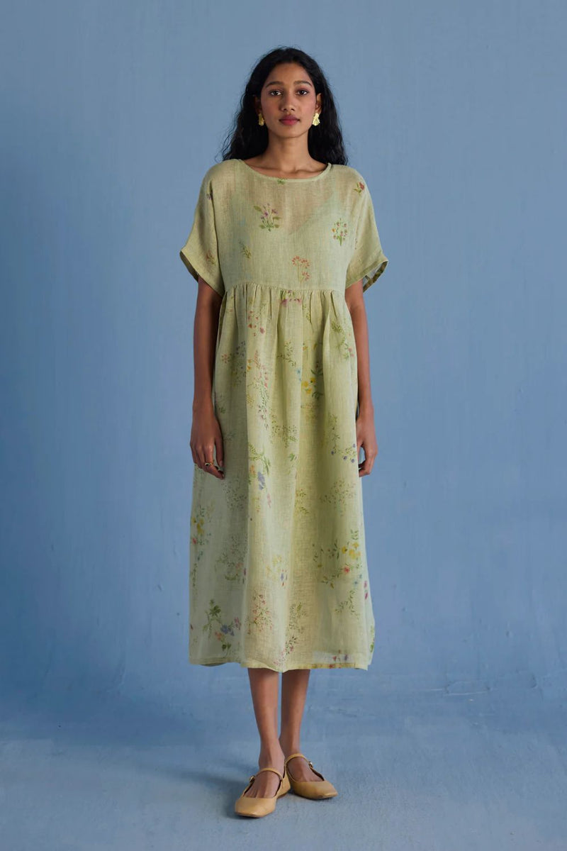 Rasa Floral Printed Sheer Linen Dress - Mint linen by Manan in mint color for women in Singapore