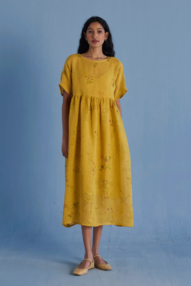 Rasa Floral Printed Sheer Linen Dress - Ochre linen by Manan for women in Singapore