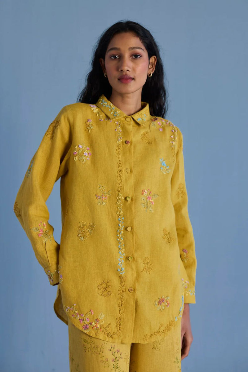 Alila Hand-Embroidered Linen Shirt - Ochre linen by Manan for women in Singapore