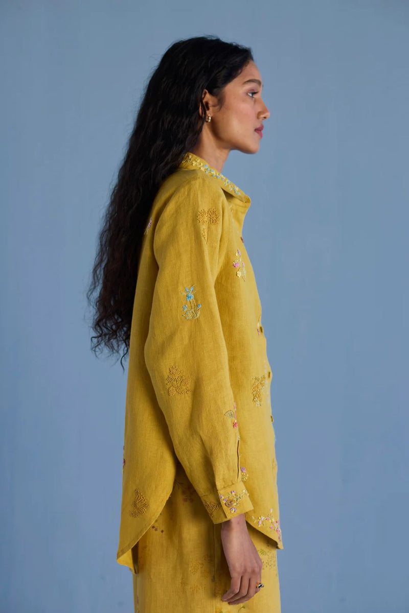 Alila Hand-Embroidered Linen Shirt - Ochre linen by Manan for women in Singapore