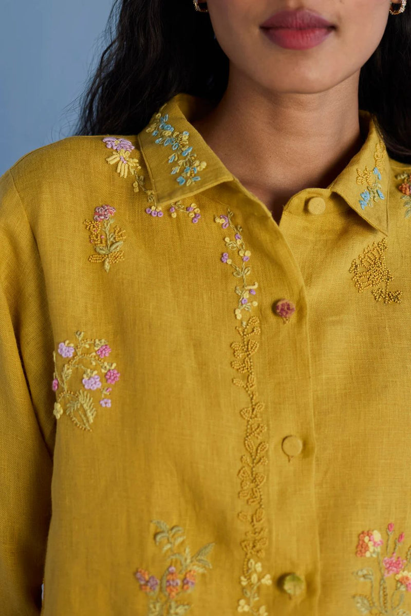 Alila Hand-Embroidered Linen Shirt - Ochre linen by Manan for women in Singapore