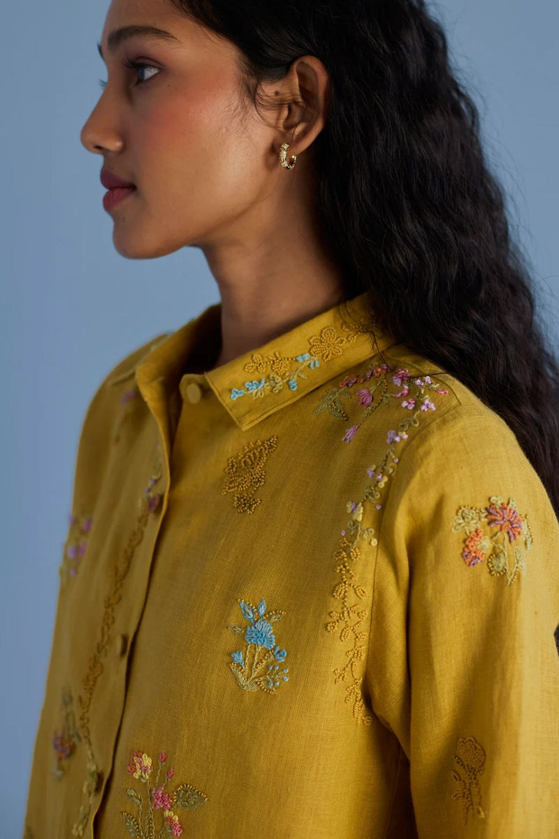 Alila Hand-Embroidered Linen Shirt - Ochre linen by Manan for women in Singapore