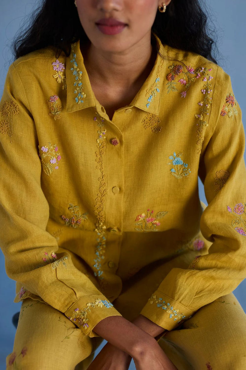 Alila Hand-Embroidered Linen Shirt - Ochre linen by Manan for women in Singapore