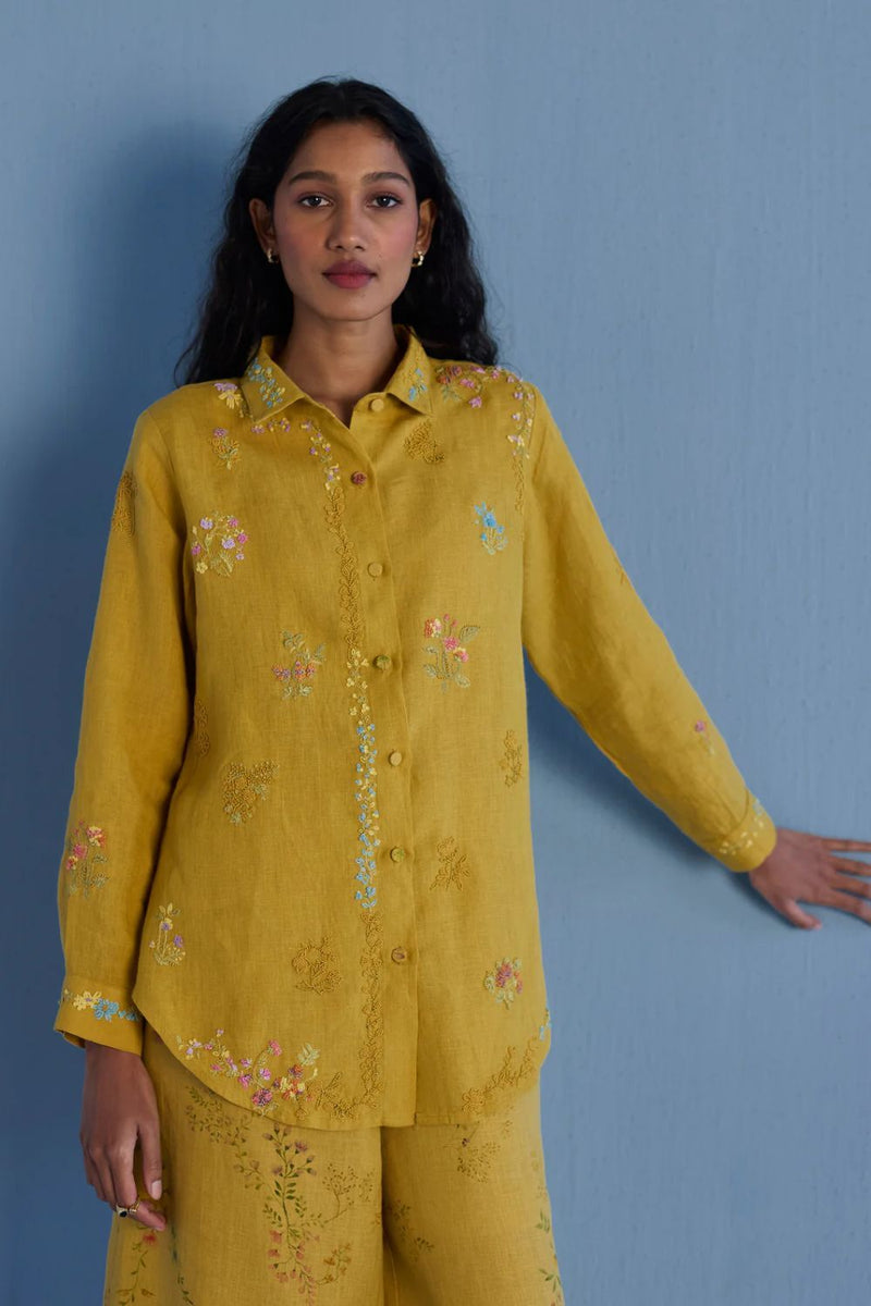 Alila Hand-Embroidered Linen Shirt - Ochre linen by Manan for women in Singapore