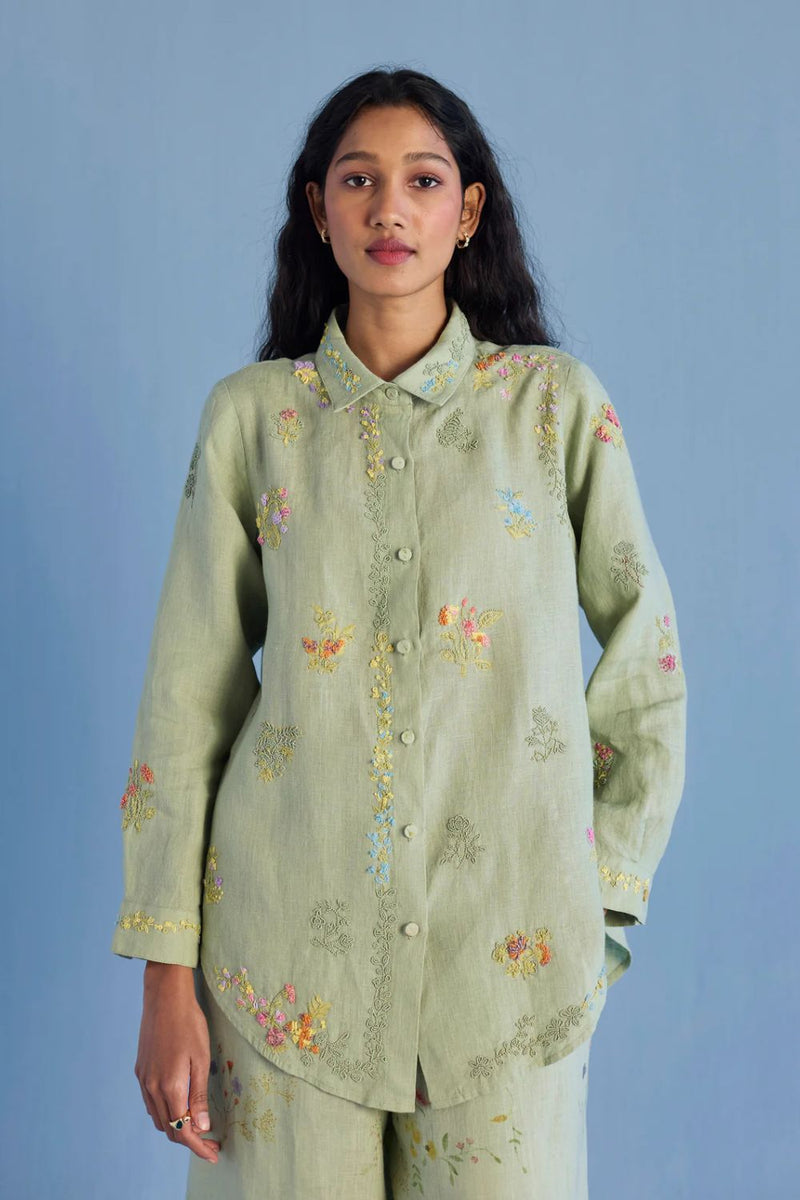 Alila Hand-Embroidered Linen Shirt - Mint linen by Manan in mint color for women in Singapore