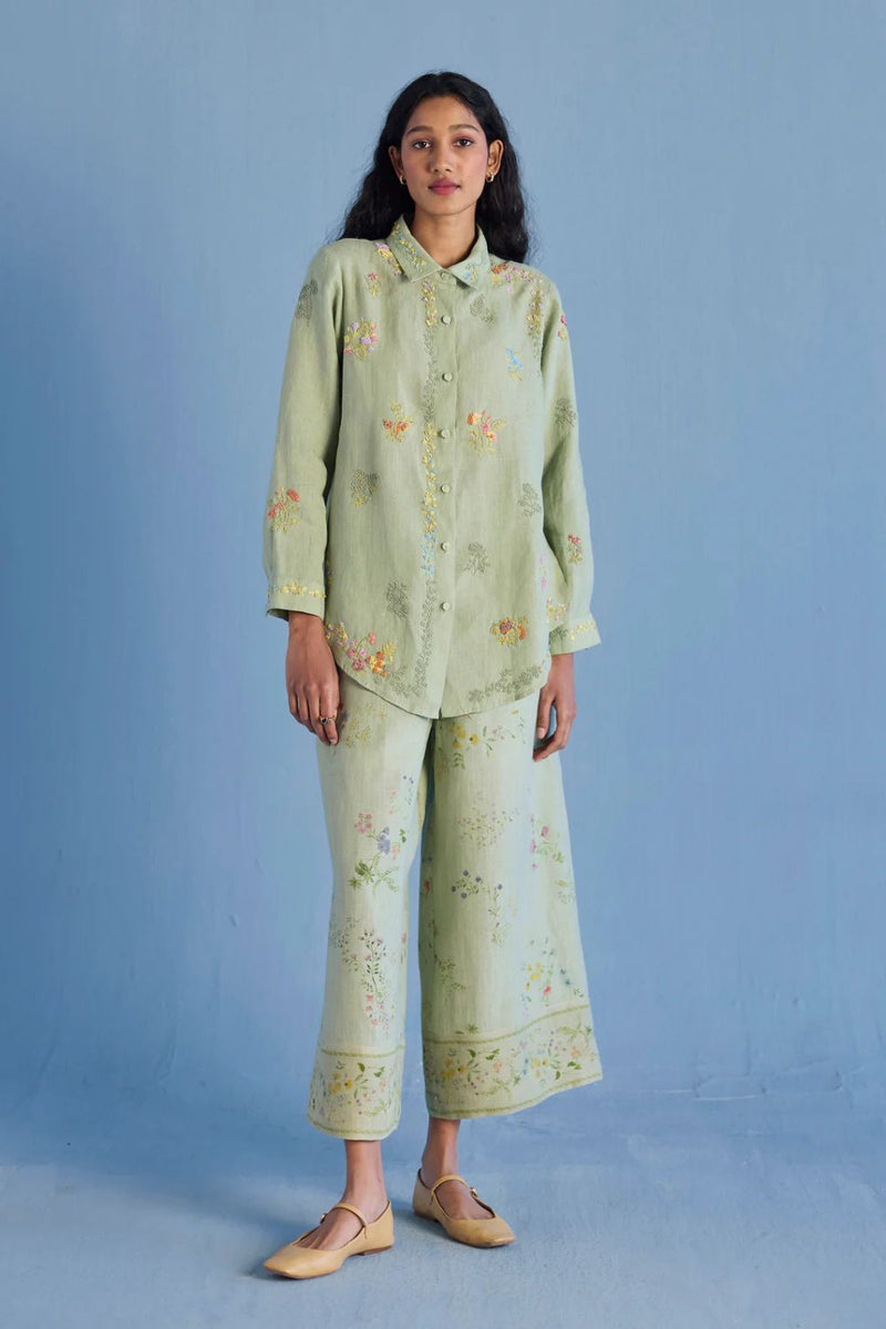 Alila Embroidered Oversized Co-ord Set - Mint linen by Manan in mint color for women in Singapore