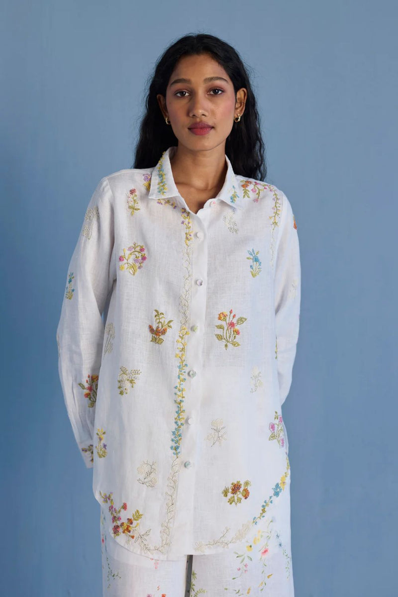 Alila Hand-Embroidered Linen Shirt - White linen by Manan in white color for women in Singapore