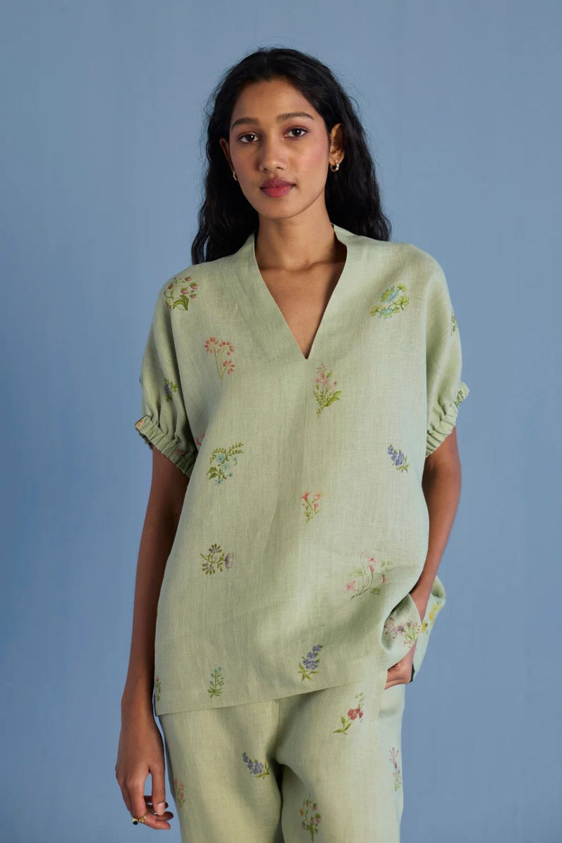 Mihen Elasticated Sleeve Linen Top - Mint linen by Manan in mint color for women in Singapore