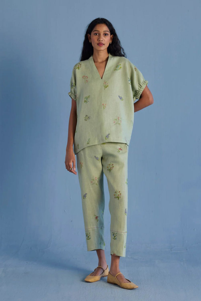 Mihen Elasticated Sleeve Co-ord Set - Mint linen by Manan in mint color for women in Singapore