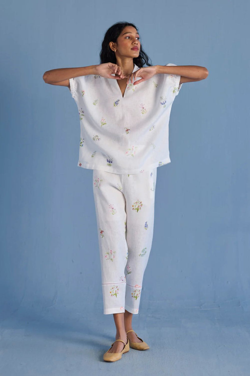 Mihen Elasticated Sleeve Co-ord Set - White linen by Manan in white color for women in Singapore
