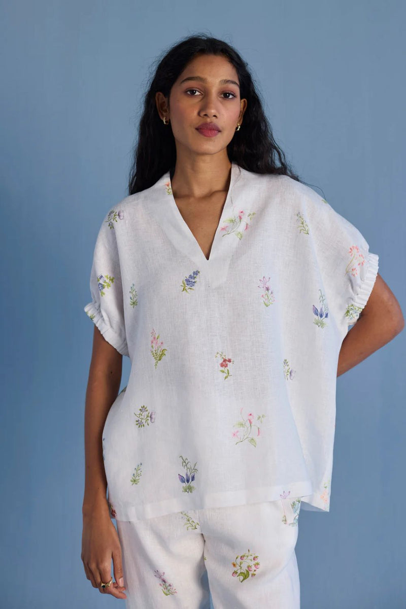 Mihen Elasticated Sleeve Linen Top - White linen by Manan in white color for women in Singapore