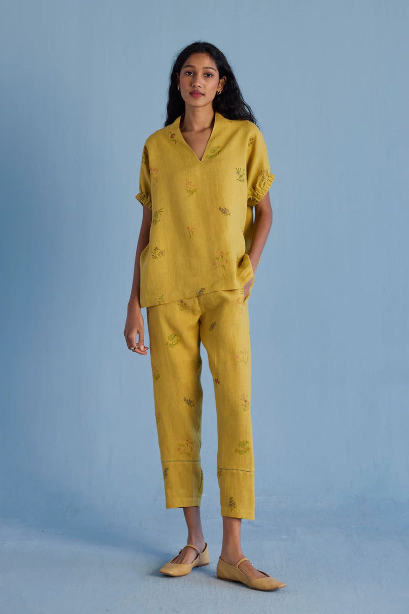 Mihen Elasticated Sleeve Co-ord Set - Ochre linen by Manan for women in Singapore