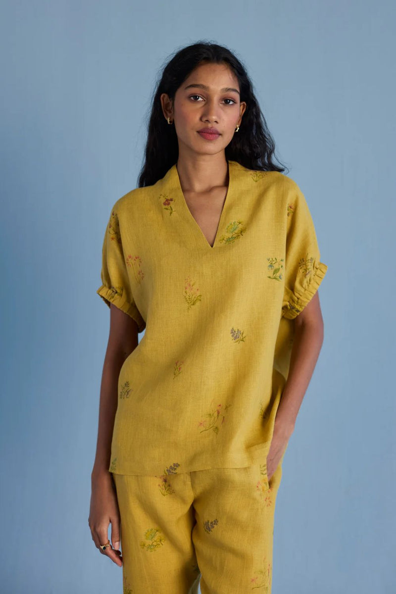 Mihen Elasticated Sleeve Linen Top - Ochre linen by Manan for women in Singapore