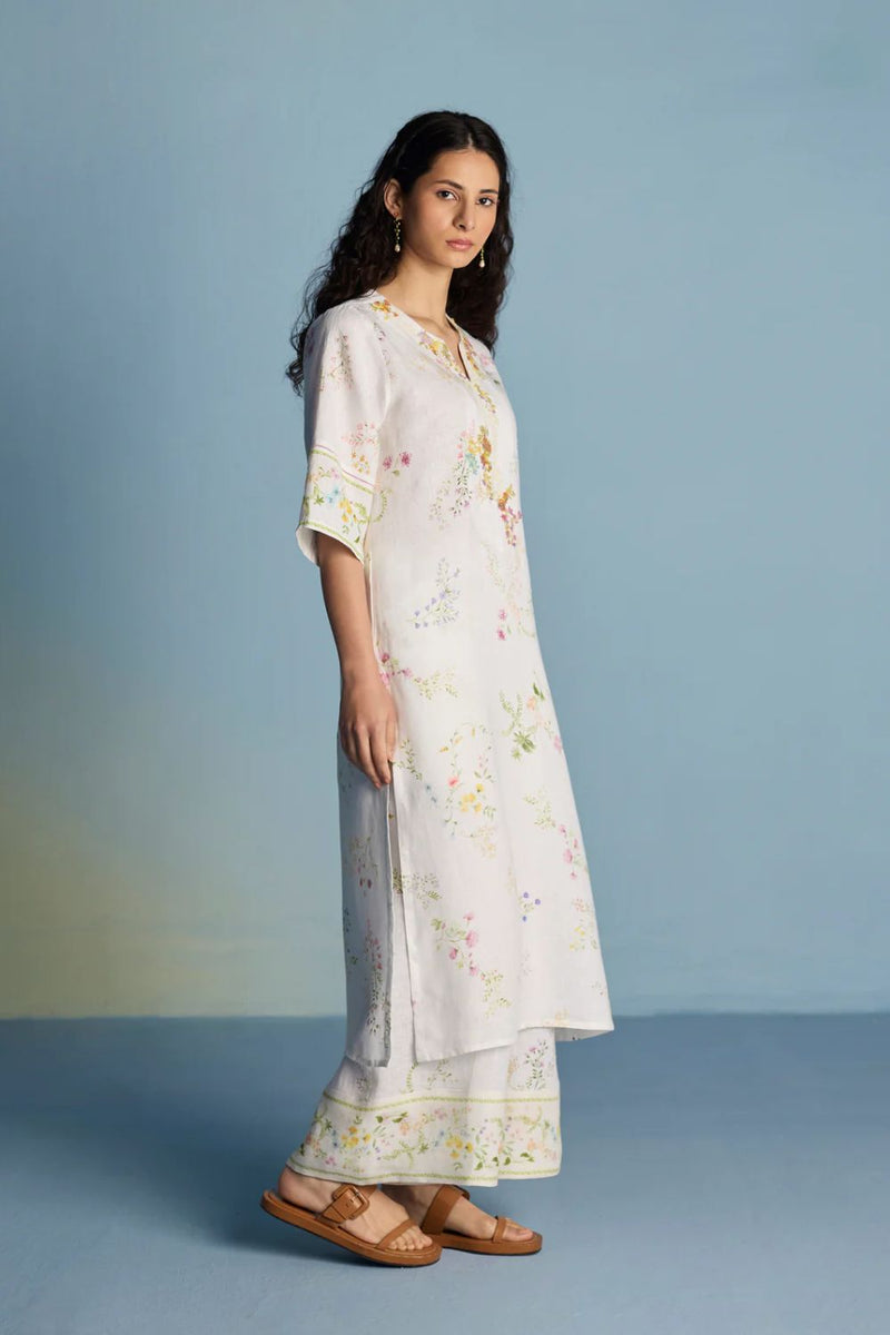 Para Hand-Embroidered Linen Kurta - White linen by Manan in white color for women in Singapore