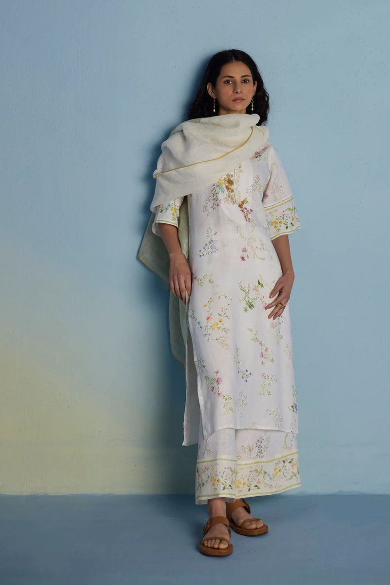Para Hand-Embroidered Linen Kurta Set - White linen by Manan in white color for women in Singapore