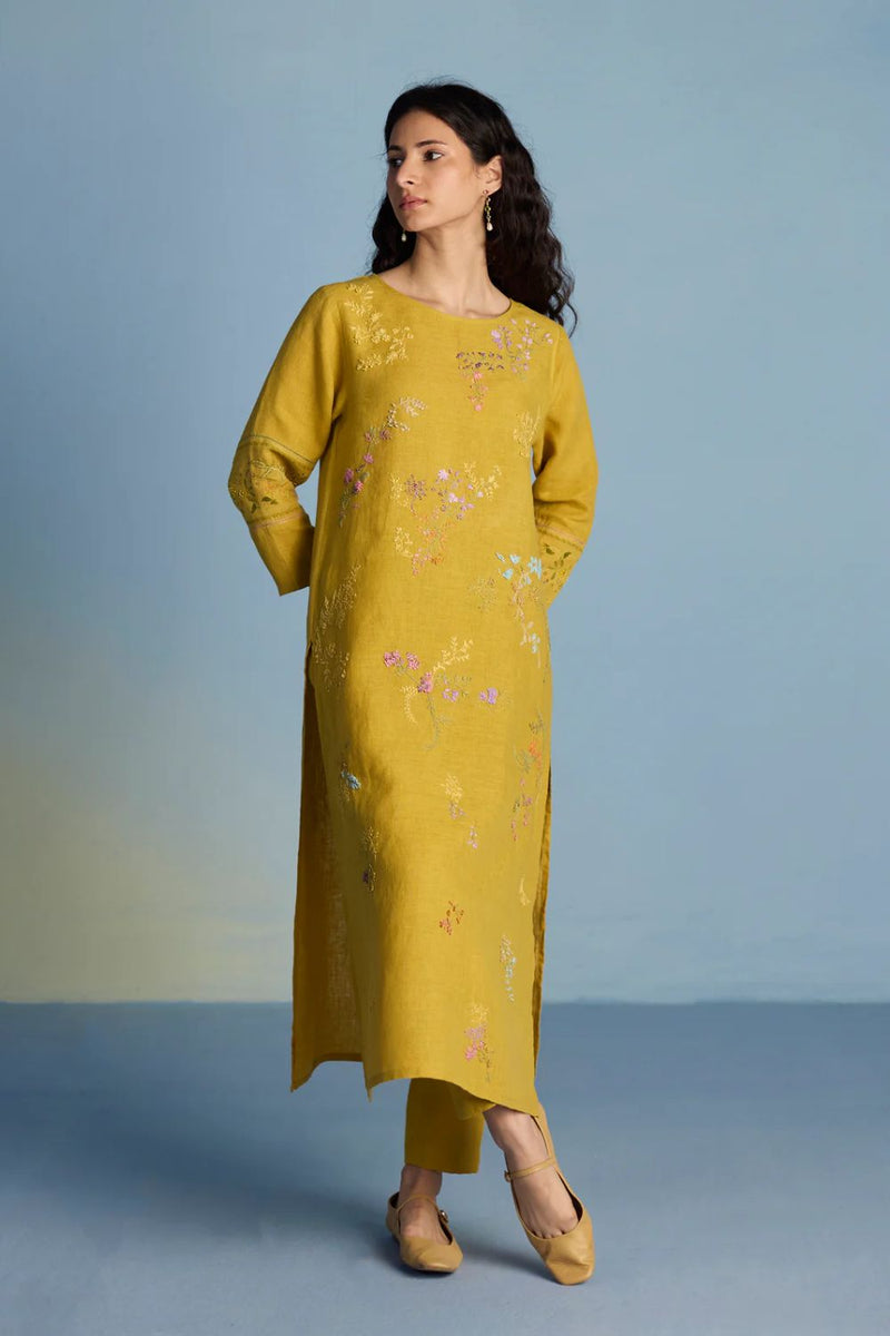 Emra Hand-Embroidered Linen Kurta - Mustard linen by Manan for women in Singapore