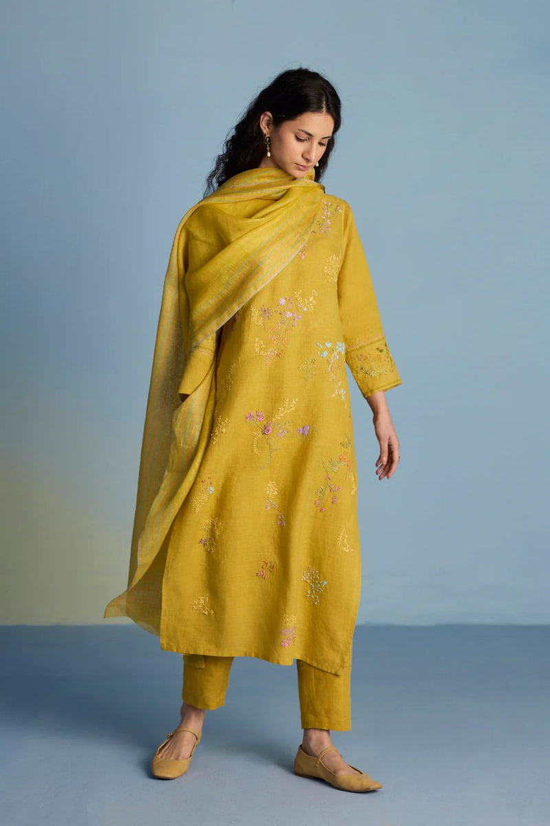 Emra Hand-Embroidered Linen Kurta Set - Ochre linen by Manan for women in Singapore